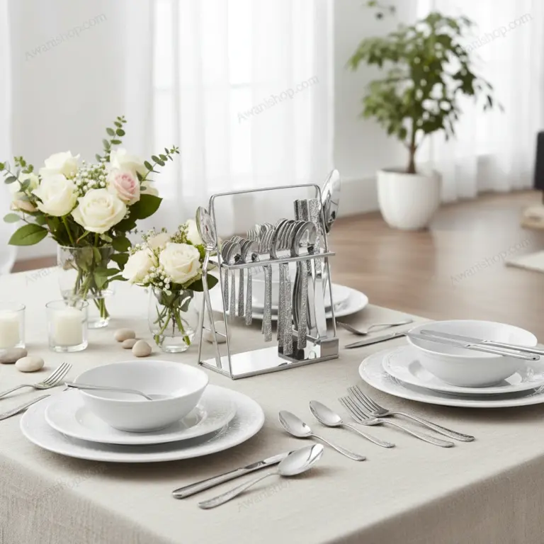 38-Piece Stainless Steel Cutlery Set with Stand – Floral Silver-Artistic Table Settings