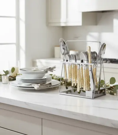 38-Piece Stainless Steel Cutlery Set with Stand – Silver & Gold Patterned-Holiday Hosting