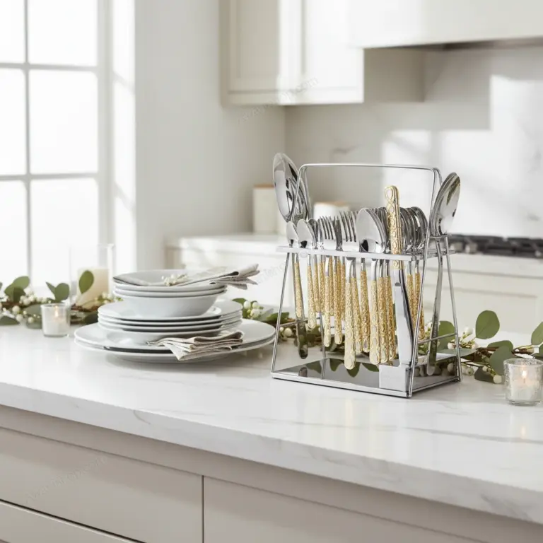 38-Piece Stainless Steel Cutlery Set with Stand – Silver & Gold Patterned-Holiday Hosting