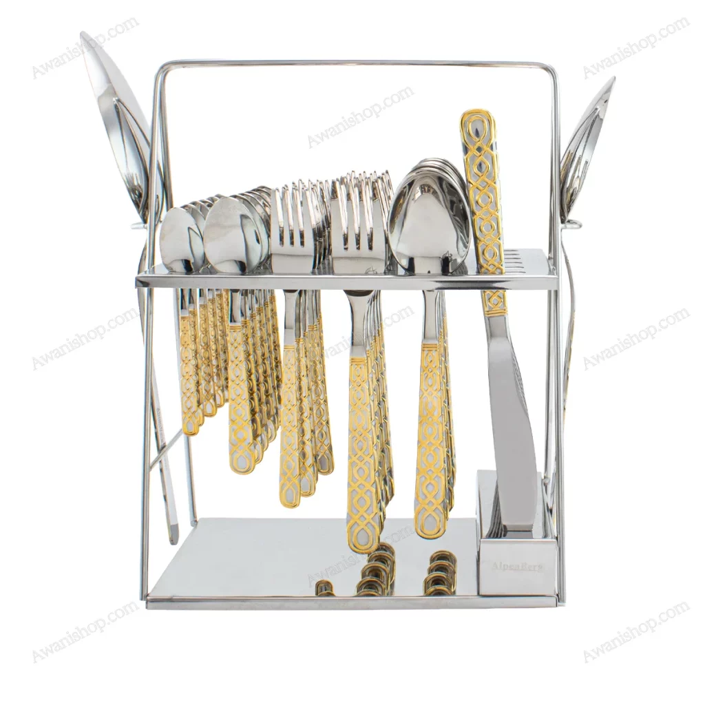 38-Piece Stainless Steel Cutlery Set with Stand – Silver & Gold Patterned