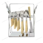 38-Piece Stainless Steel Cutlery Set with Stand – Silver & Gold Patterned