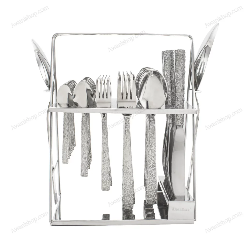 38-Piece Stainless Steel Cutlery Set with Stand – Floral Silver