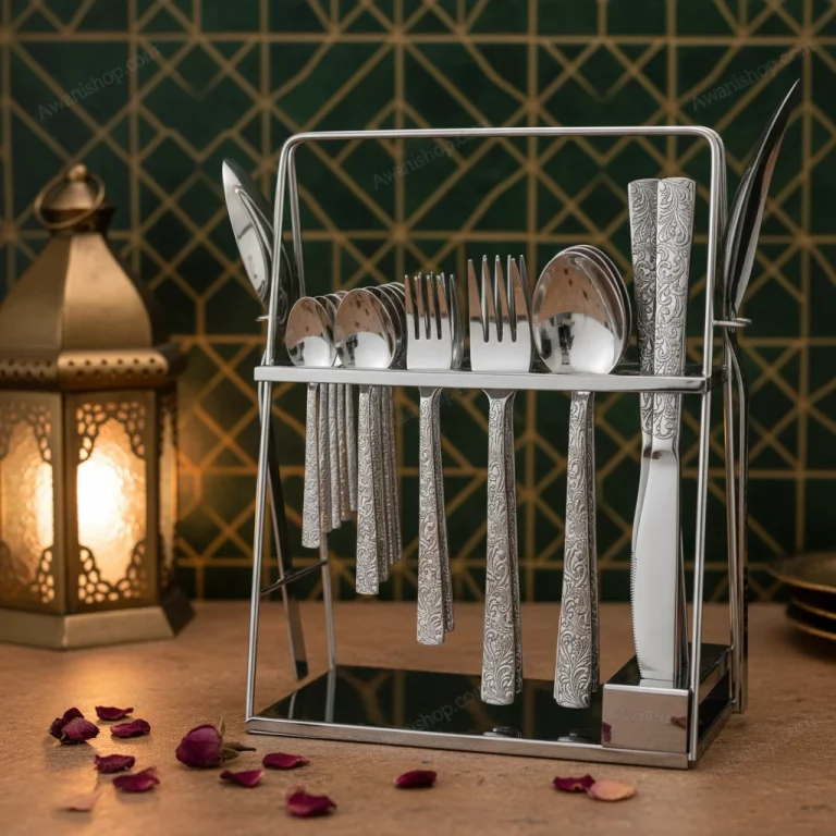 38-Piece Stainless Steel Cutlery Set with Stand – Floral Silver — Artistic Table Settings