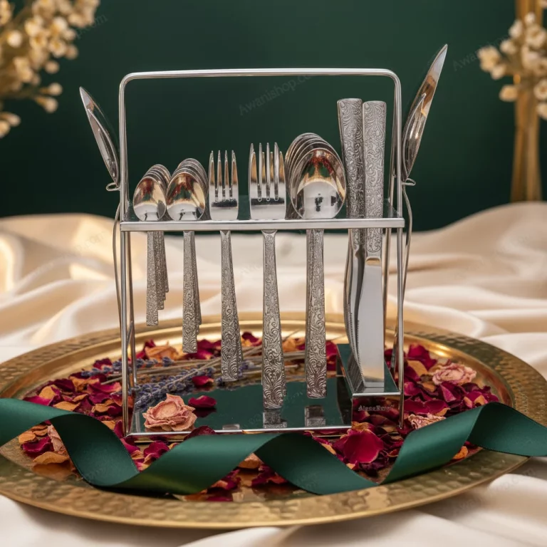 38-Piece Stainless Steel Cutlery Set with Stand – Floral Silver — Cultural Celebrations