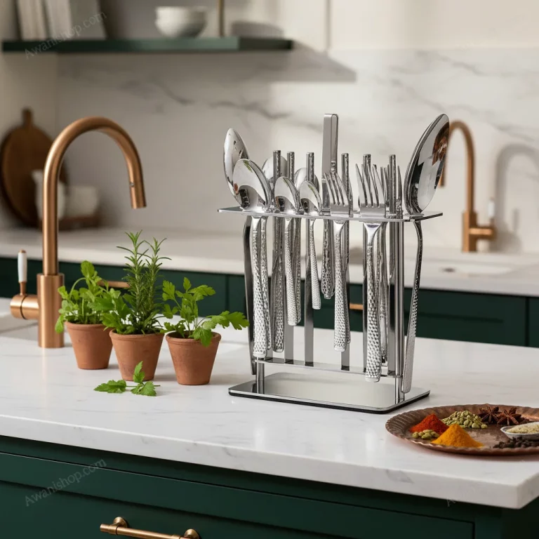 38-Piece Stainless Steel Cutlery Set with Stand – Hammered Textured — Everyday Meals