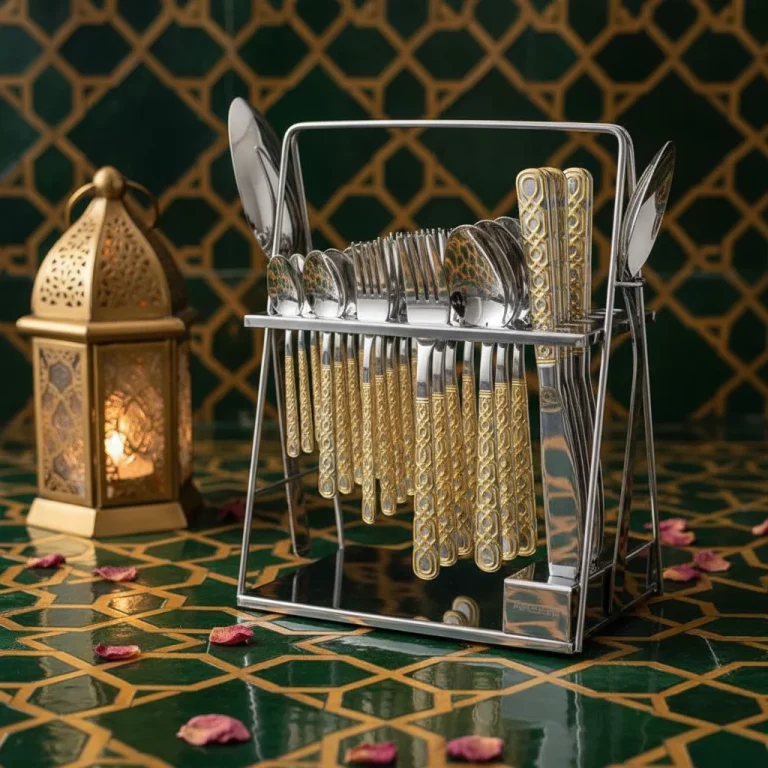 38-Piece Stainless Steel Cutlery Set with Stand – Silver & Gold Patterned — Formal Dinners