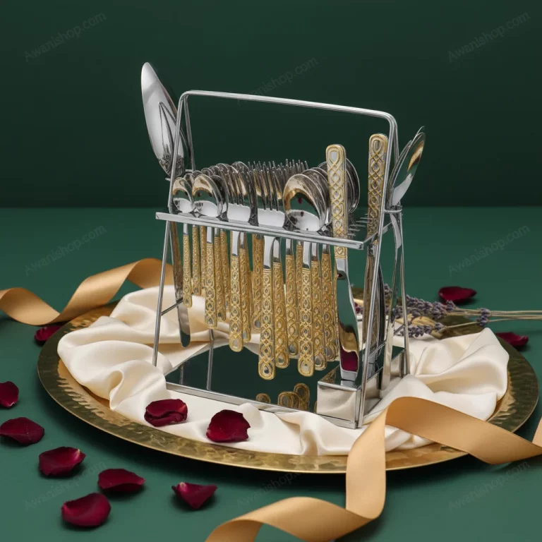 38-Piece Stainless Steel Cutlery Set with Stand – Silver & Gold Patterned — Gift Giving