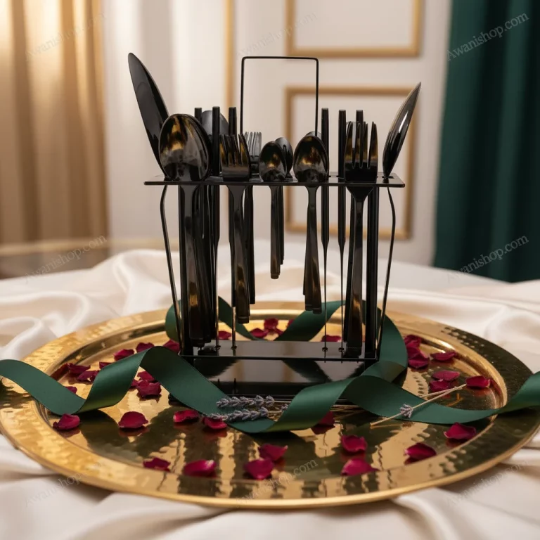 38-Piece Stainless Steel Cutlery Set with Stand – Dark Ribbed — Gifts for Design Enthusiasts