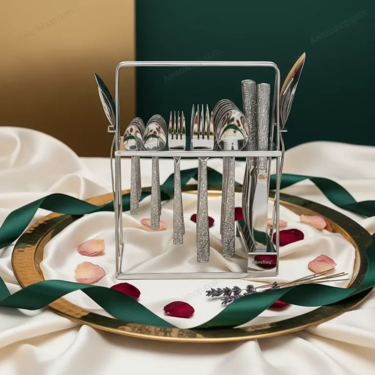 38-Piece Stainless Steel Cutlery Set with Stand – Floral Silver — Wedding Gift