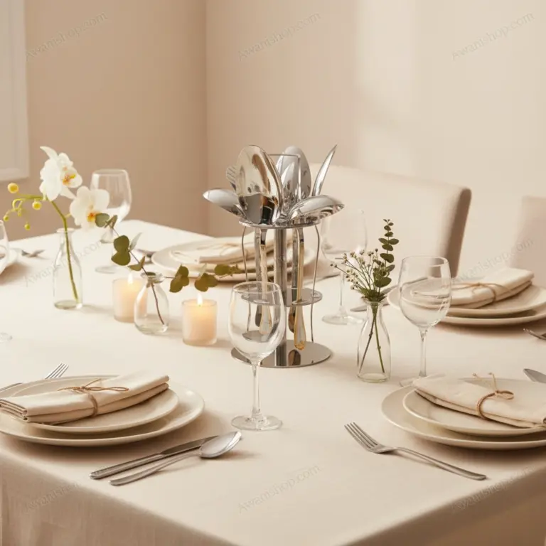 6-Piece Stainless Steel Serving Spoon Set with Stand – Gold Accented-Casual Family Meals
