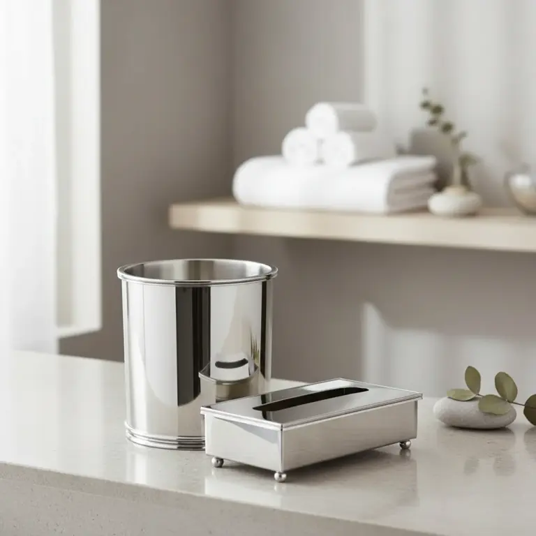 Mirror-Finish Metal Tissue Box & Waste Bin Set-Modern Bathrooms