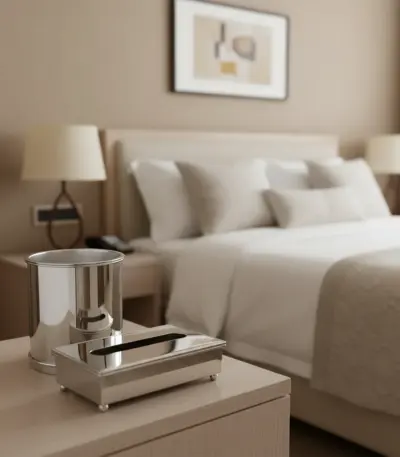 Mirror-Finish Metal Tissue Box & Waste Bin Set-Guest Bedrooms