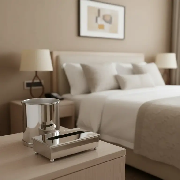 Mirror-Finish Metal Tissue Box & Waste Bin Set-Guest Bedrooms