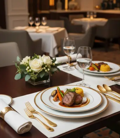 White Porcelain Plate with Gold Geometric Border-Restaurant Use