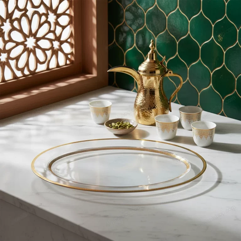 Porcelain Oval Serving Platter with Gold Geometric Border — Chic Breakfast Spread