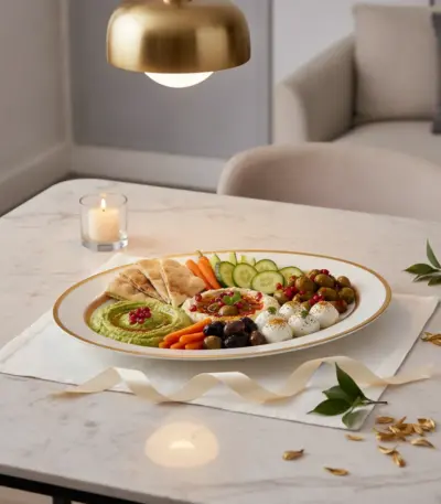 Porcelain Oval Serving Platter with Gold Geometric Border — Elegant Mezze Presentation