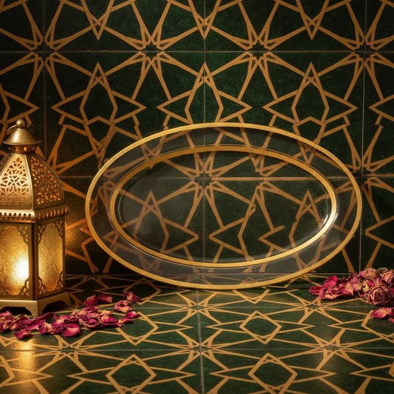Porcelain Oval Serving Platter with Gold Geometric Border — Sophisticated Salad Serving