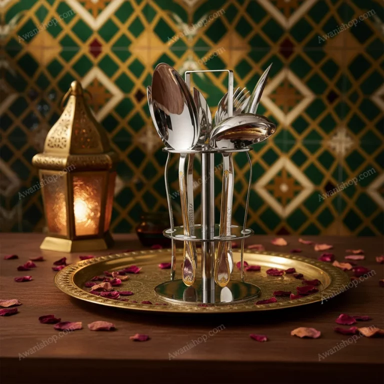 6-Piece Stainless Steel Serving Spoon Set with Stand – Gold Accented — Elegant Dinner Parties
