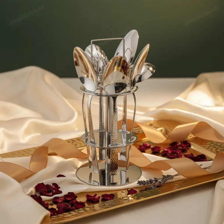 6-Piece Stainless Steel Serving Spoon Set with Stand – Floral Gold Engraved — Luxurious Gifting