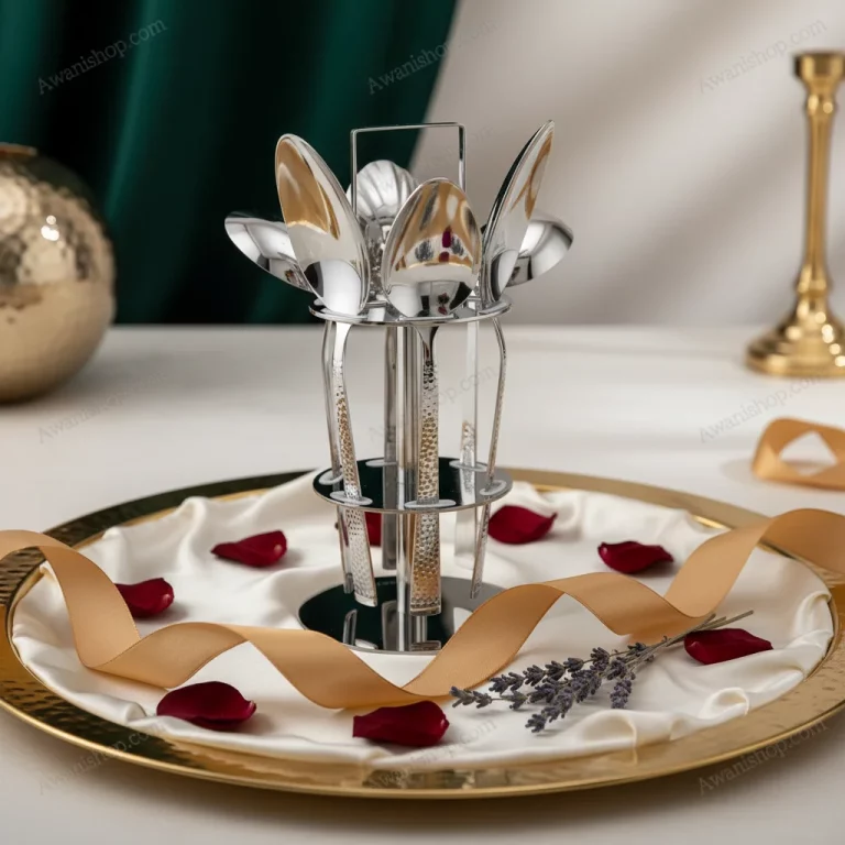 6-Piece Stainless Steel Serving Spoon Set with Stand – Floral Gold Engraved — Special Occasions