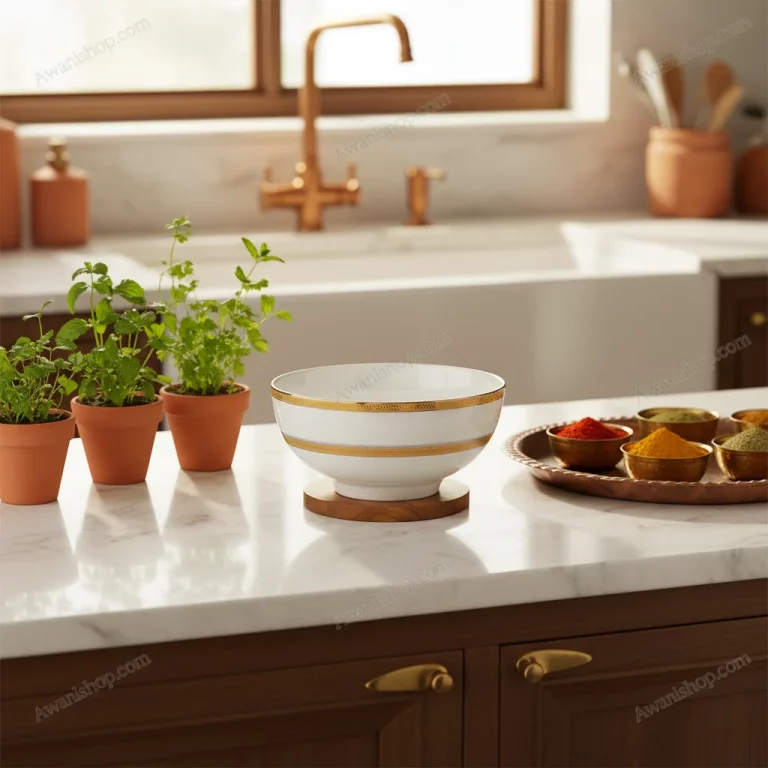White Porcelain Bowl with Gold Geometric Border — Everyday Dining
