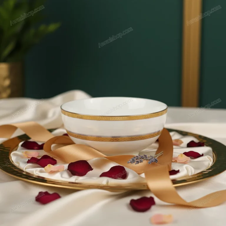 White Porcelain Bowl with Gold Geometric Border — Formal Occasions