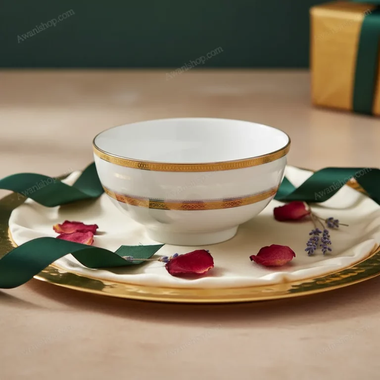 White Porcelain Bowl with Gold Geometric Border — Gifts for Loved Ones